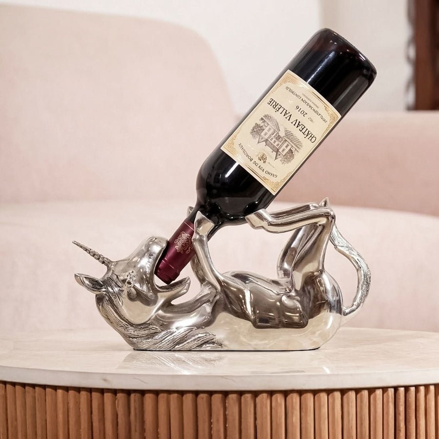 Silver Unicorn Wine Bottle Holder | Decorative Wine Rack & Bar Decor Accent
